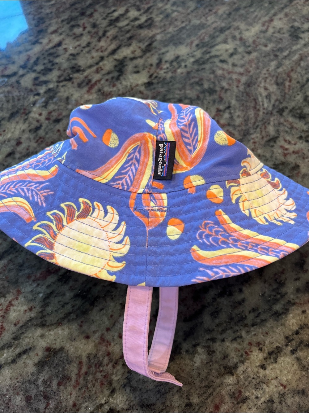 Patagonia Baby Reversible Sun Bucket Hat Purple with Yellow Sun and Designs